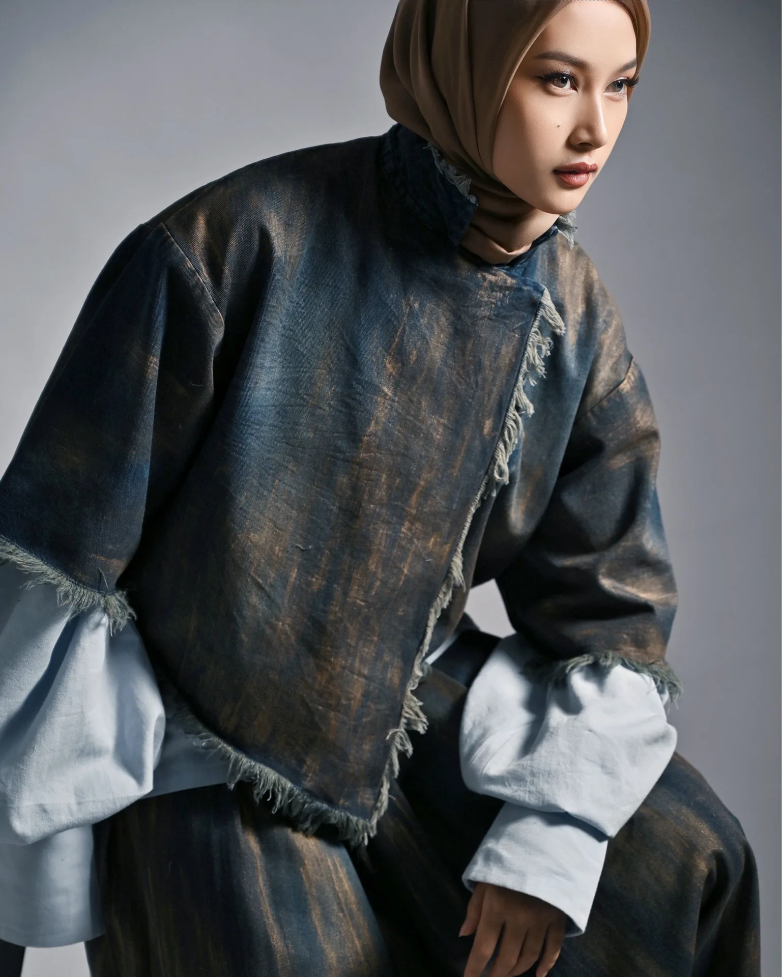 Studio fashion portrait of model seated wearing indigo raw-hem denim jacket with frayed edges